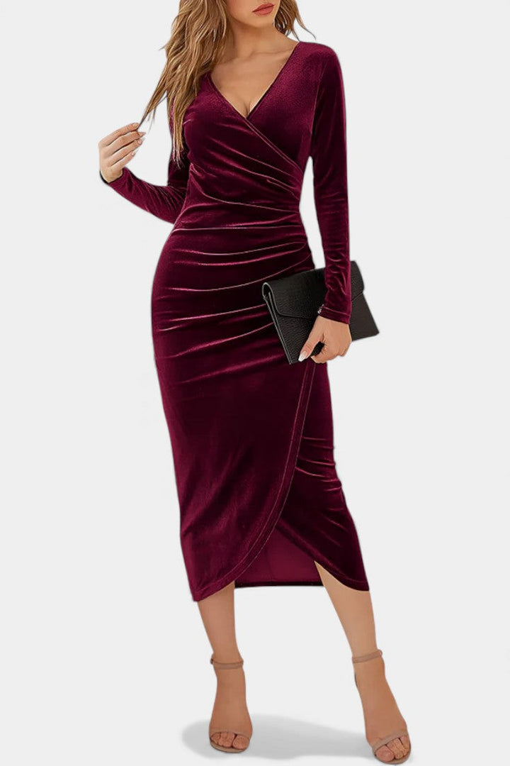 Gathered Velvet Midi Cocktail Dress by Kenza