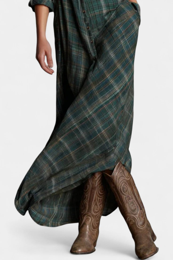 Amanita Green Check Maxi Dress with Structured Lapel