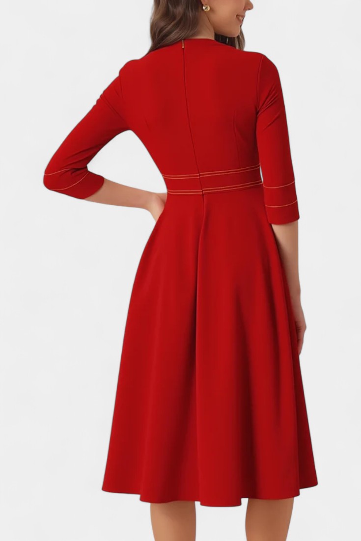 Chantal Midi Flared Dress Featuring Round Neck and 3/4 Sleeves