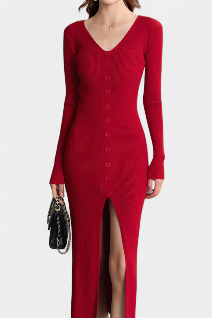 Nadège V-Neck Midi Knitted Dress with Chic Button Details
