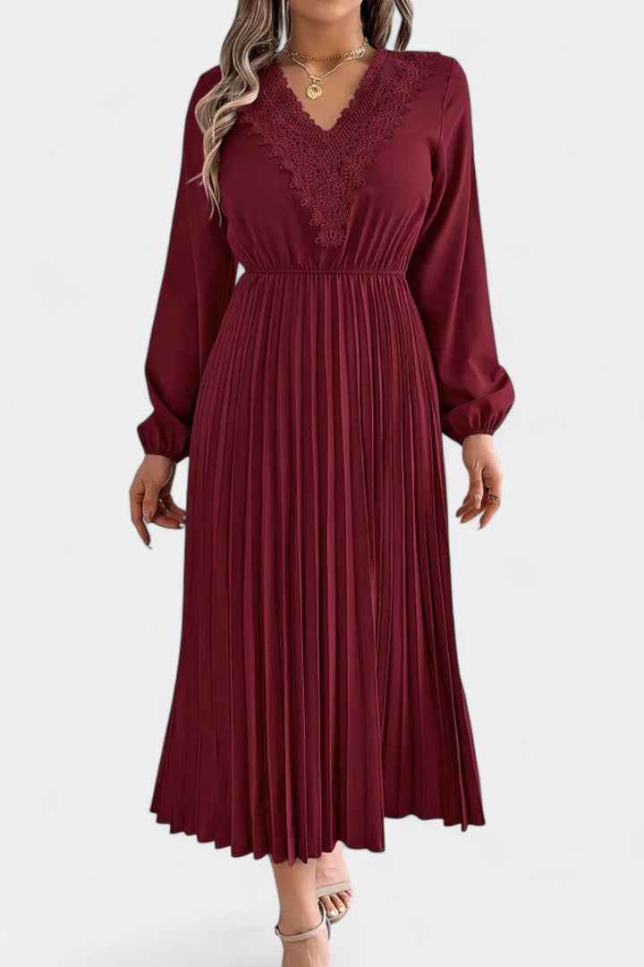Séverine V-Neck Lace Dress with Long Puff Sleeves and Pleated Design