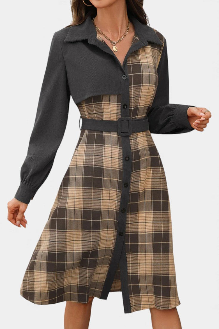 Naïla Checkered Shirt Dress with Belt - Mid-Length Style