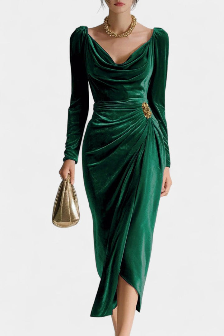 Chérane Velvet Midi Dress with Ruched Neckline and Tulip Hem