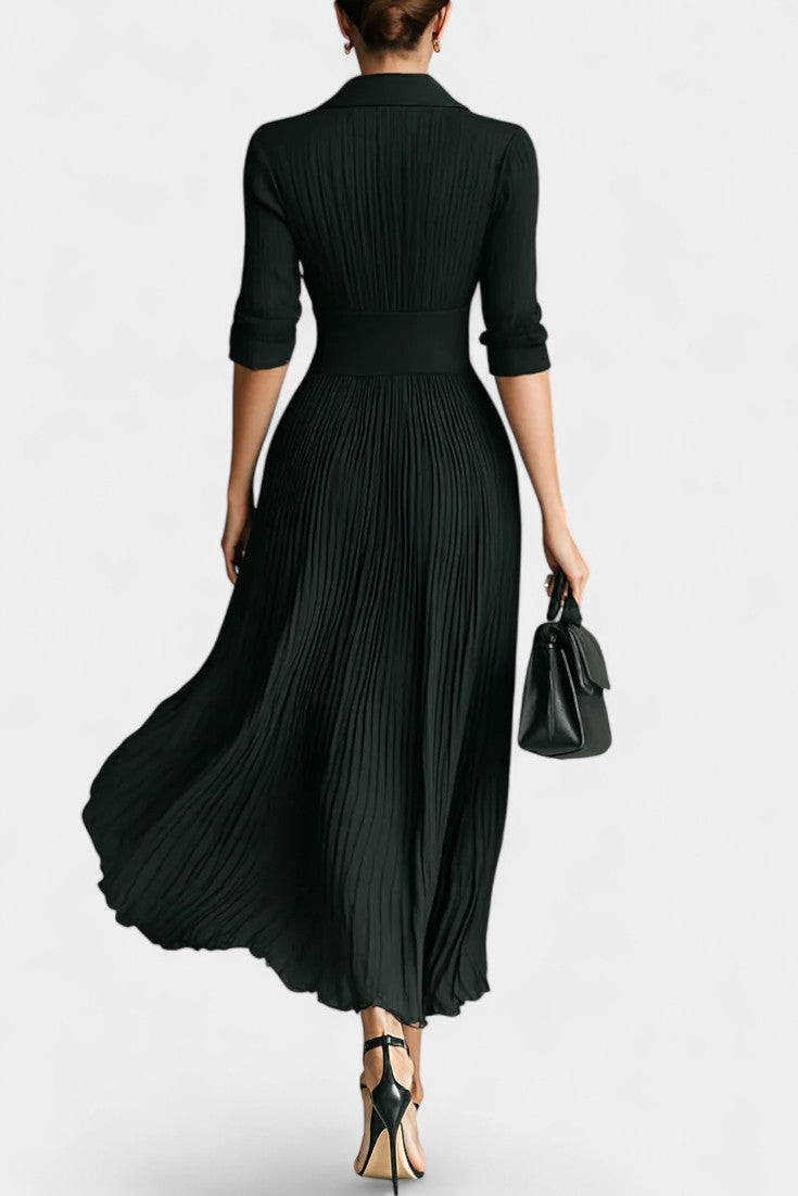 Fébronie Long Pleated Dress featuring Notched Collar and Long Sleeves