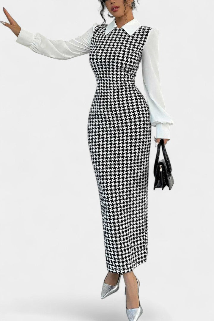 Houndstooth Print Claire Maxi Dress with Puff Sleeves