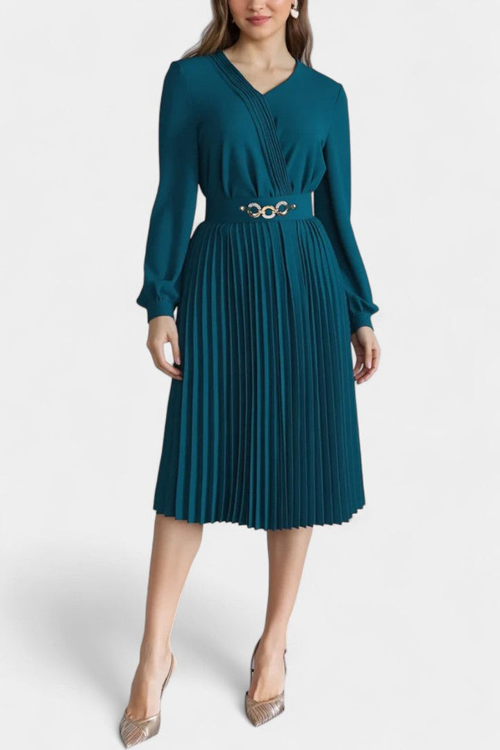 Lucie Long Sleeve Midi Dress with Pleats and Belt