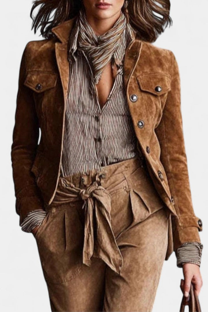 Brown Waltraud Cropped Suede Jacket with Lapels and Single Button Closure