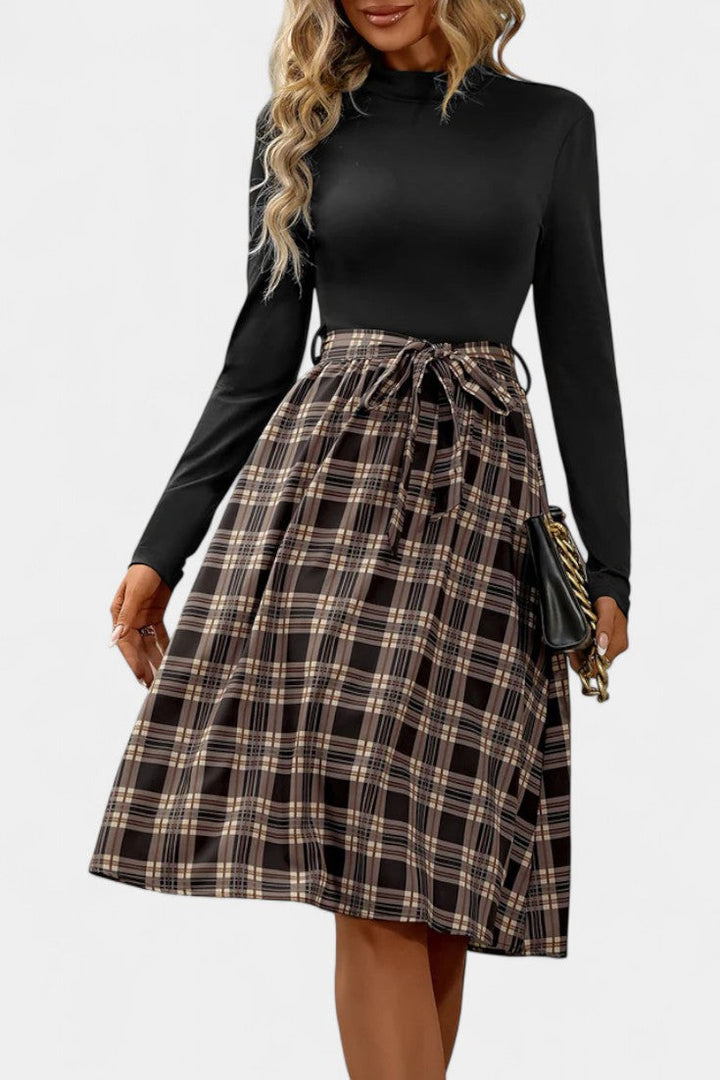 Orlane High-Collar A-Line Checkered Dress with Long Sleeves