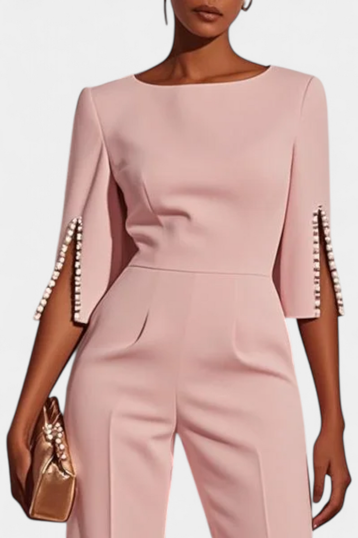 Chic Three-Quarter Sleeve Jumpsuit with Pearl Accents
