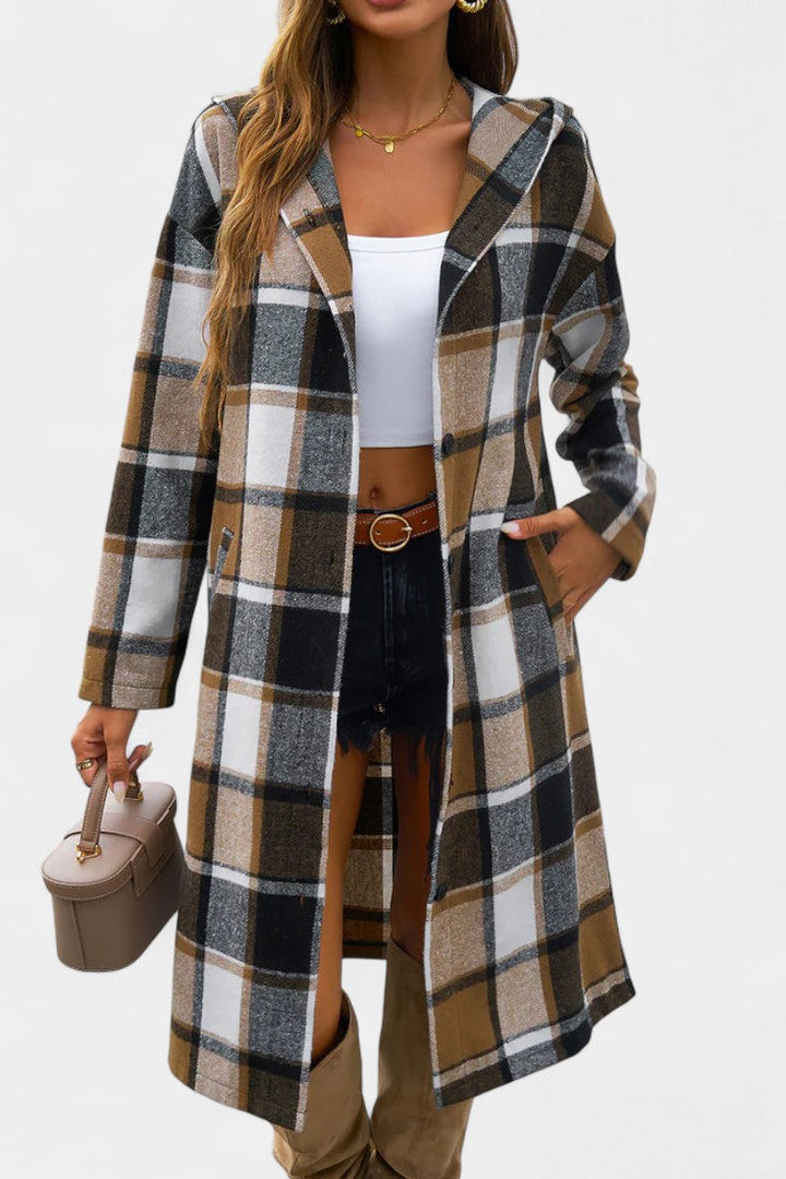 Sandrine Plaid Hooded Jacket with Brushed Texture and Button Closure