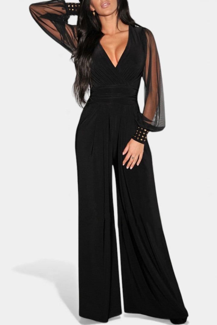 Élancia Chic Black Fluid Jumpsuit Featuring Sheer Sleeves