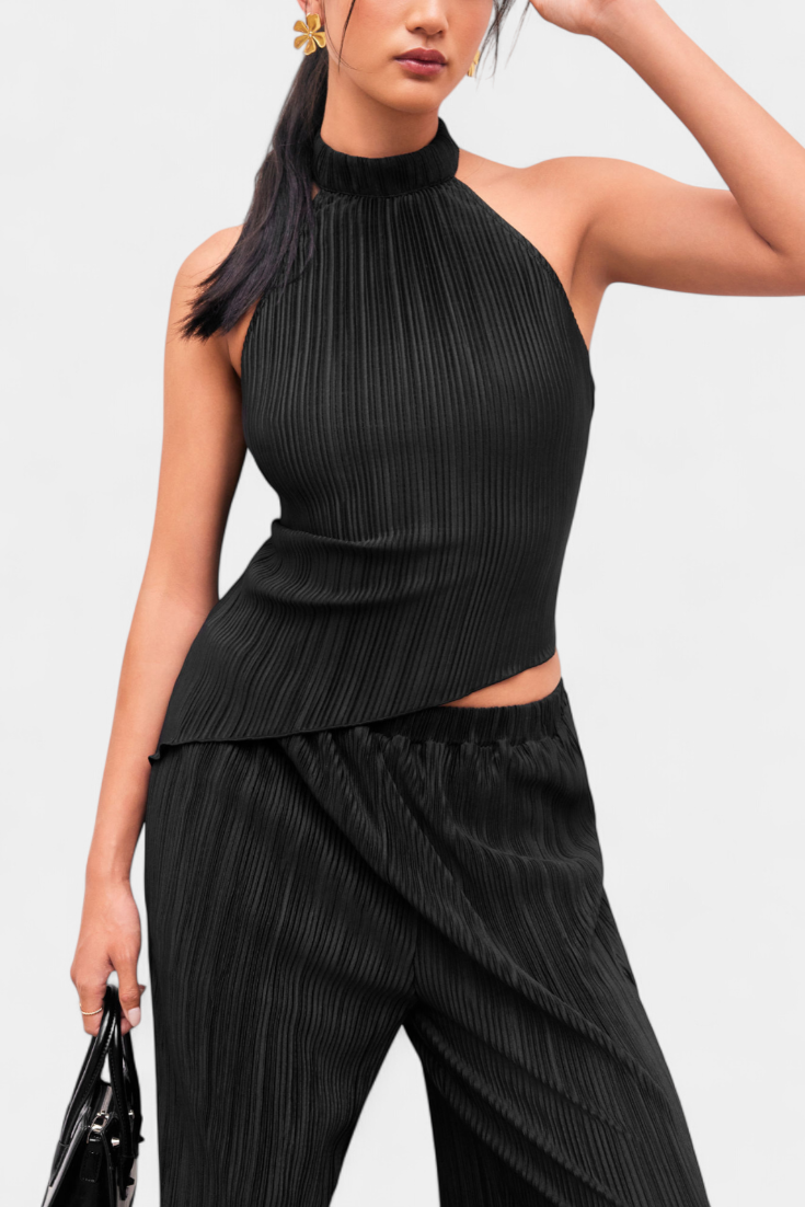 Pilarica Halter Neck Asymmetrical Top with Wide-Leg Pants Set