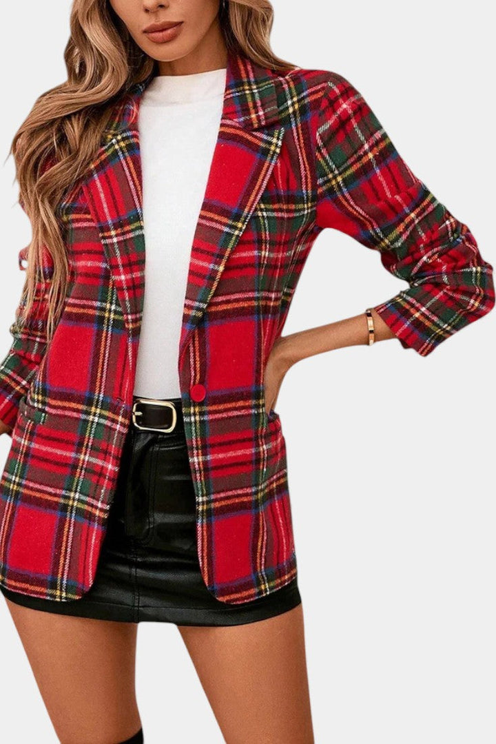 Alvine Long Checkered Blazer featuring Notched Collar and Single Button Fastening