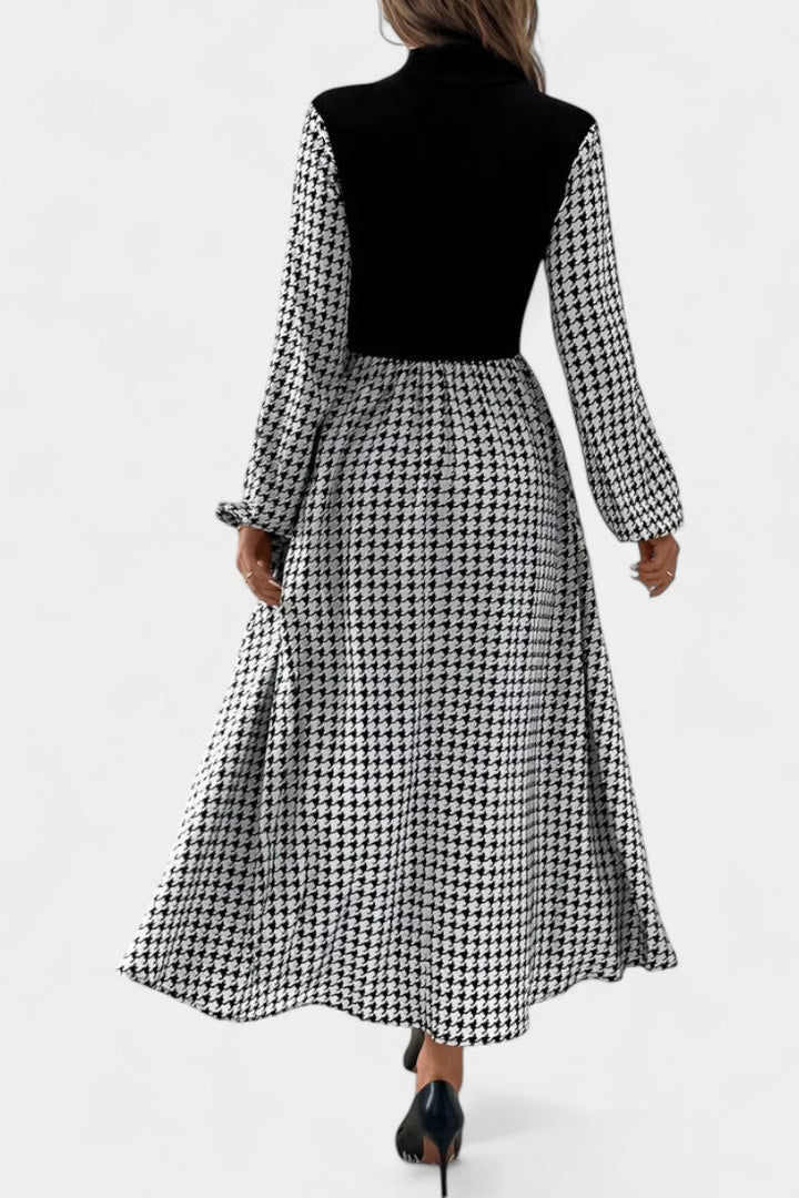 Lauriane High-Collar Midi Flared Dress in Houndstooth Print