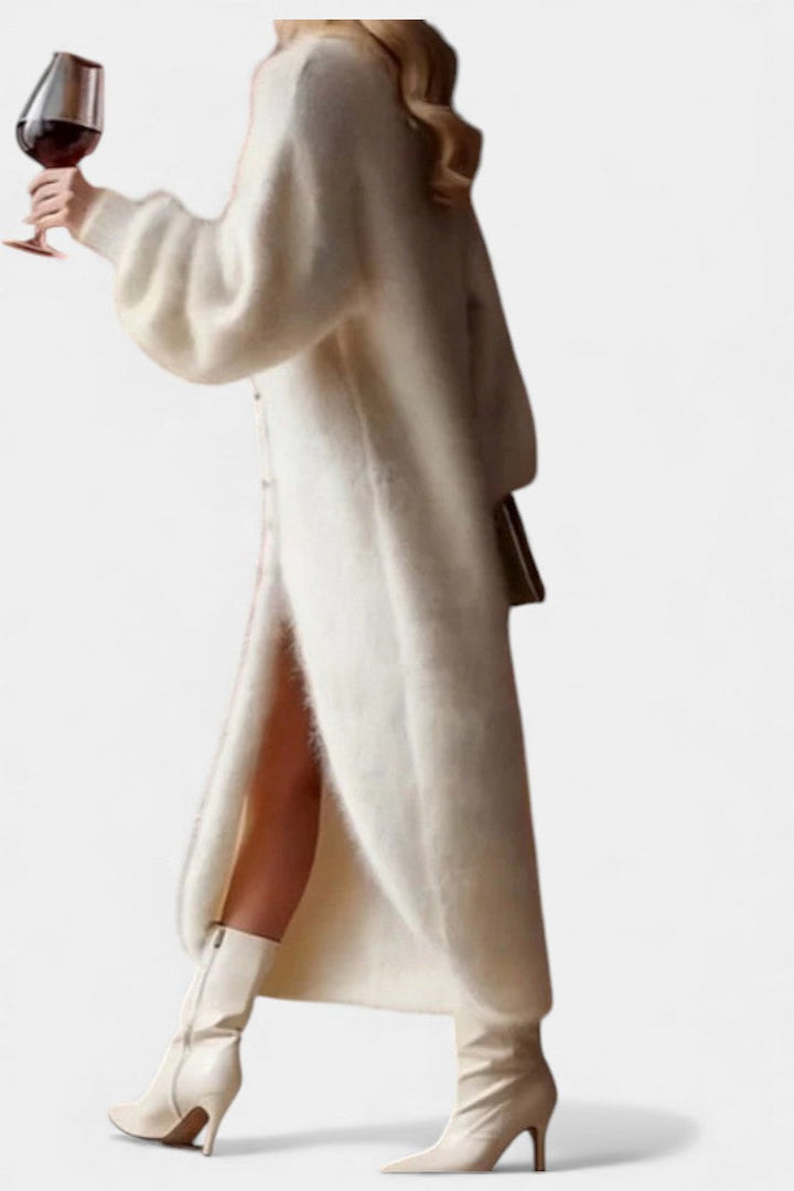 Méthilde Faux Fur Midi Dress with Knitted Design and Metal Buttons