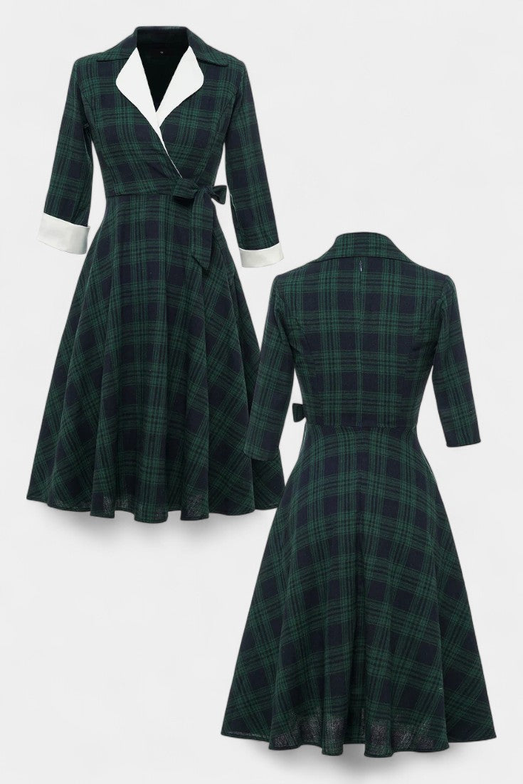 Marcelline Checkered Midi Dress with Flared Hem, Lace Accents, and 3/4 Sleeves