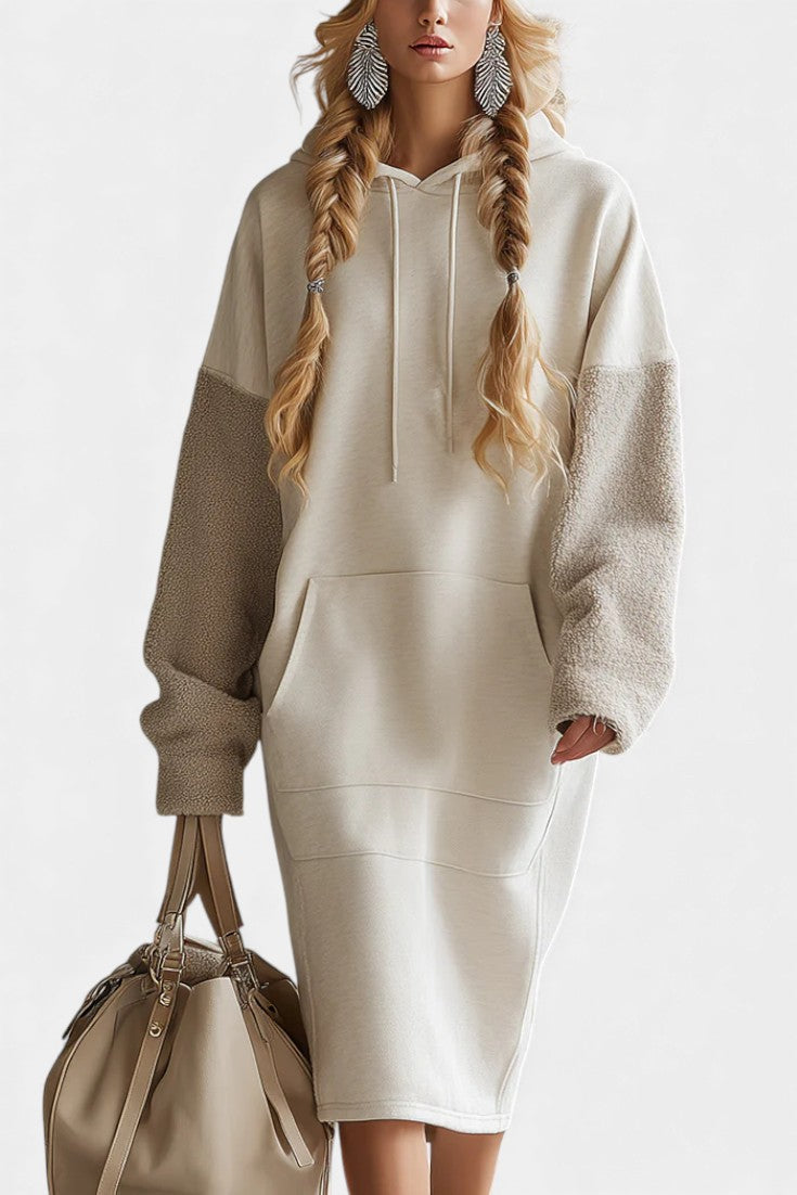 Ivayla Beige Hooded Midi Sweatshirt Dress in Fleece