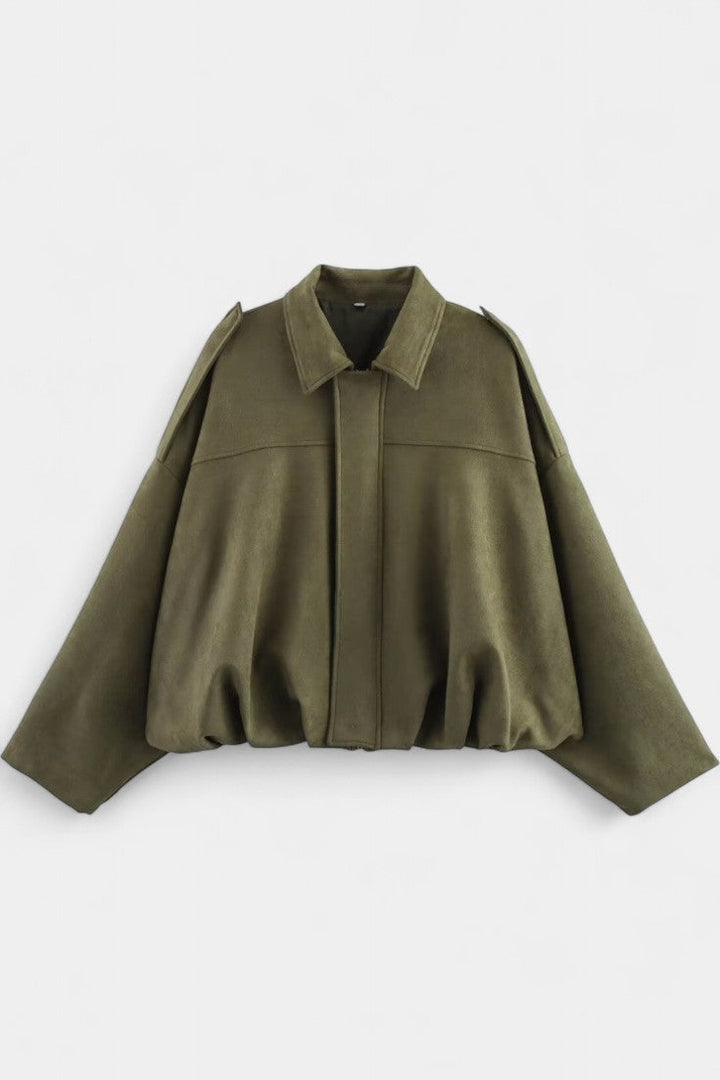 Monnie Oversized Suede Bomber Jacket with Tailored Shoulders