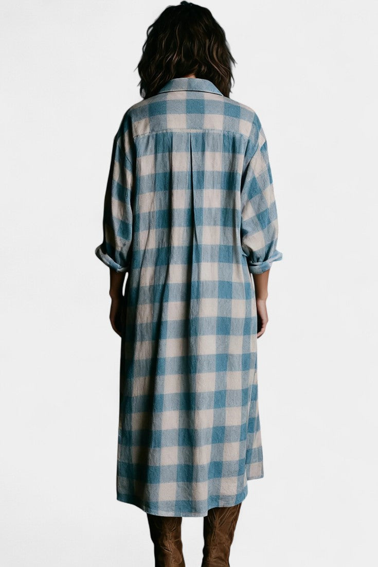 Pacifia Blue and White Checkered Maxi Dress Featuring a Shirt Collar