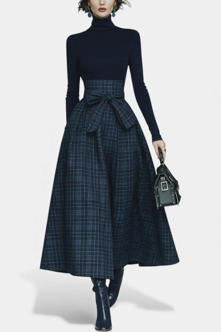 Angelika Night Blue High Neck Set with Checkered Skirt