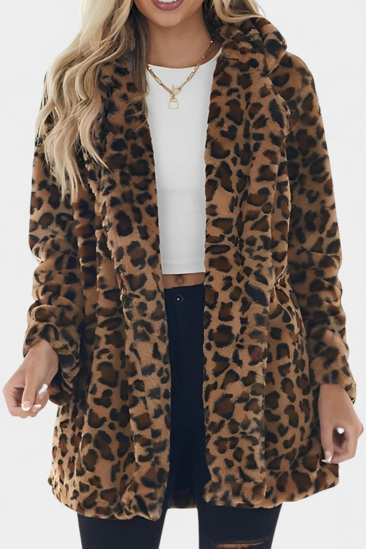Énola Leopard Print Faux Fur Coat with Pockets - Long Style
