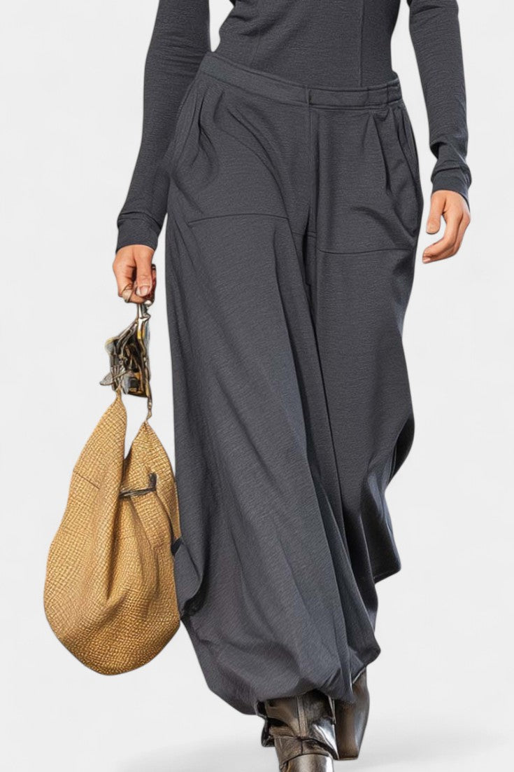 Azélina Dark Gray Set Featuring High Collar and Wide-Leg Trousers