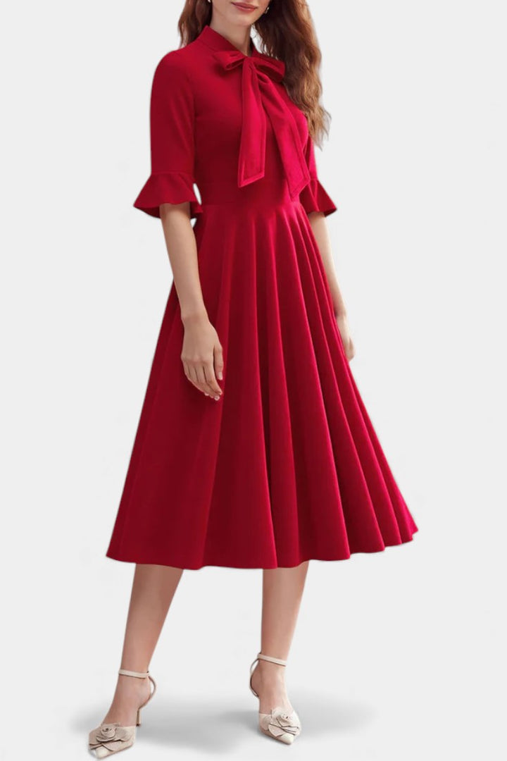Domitille Vintage Midi Velvet Dress Featuring Ruffled Sleeves and a Chic Bow