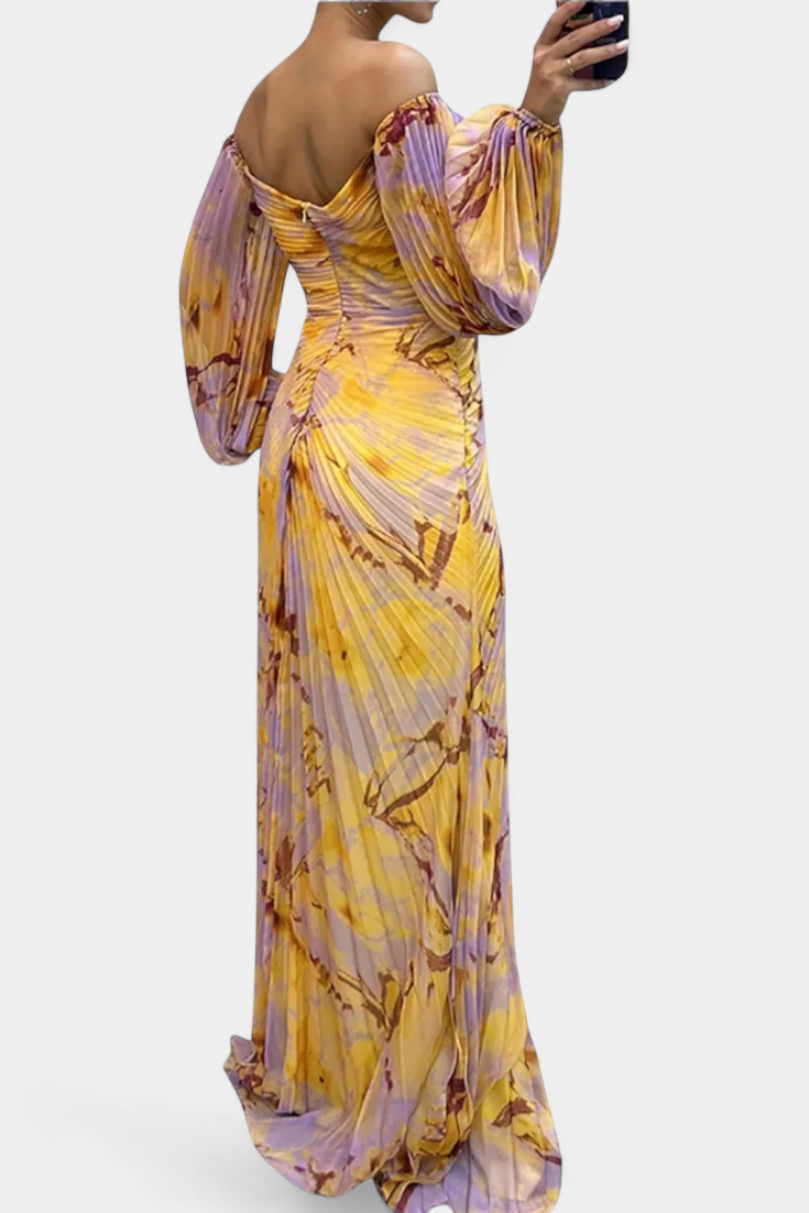 Quintessa Off-Shoulder Pleated Evening Gown with Puff Sleeves