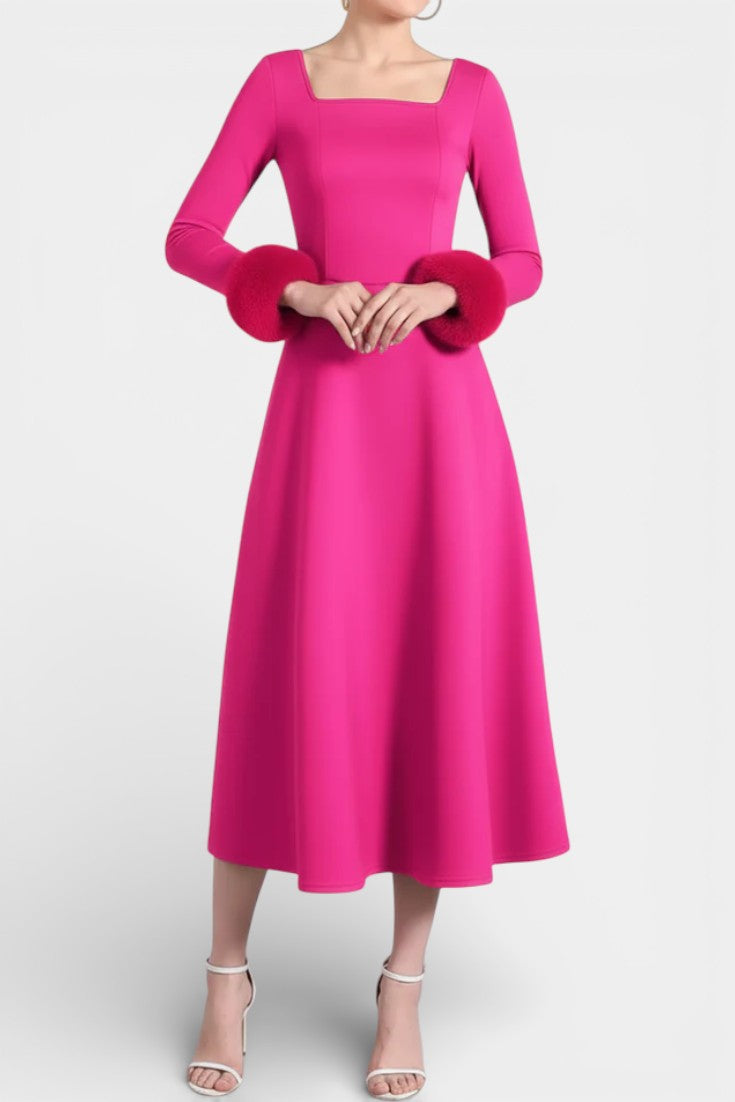 Alicia Square Neck Flared Dress with Patchwork Faux Fur Sleeves
