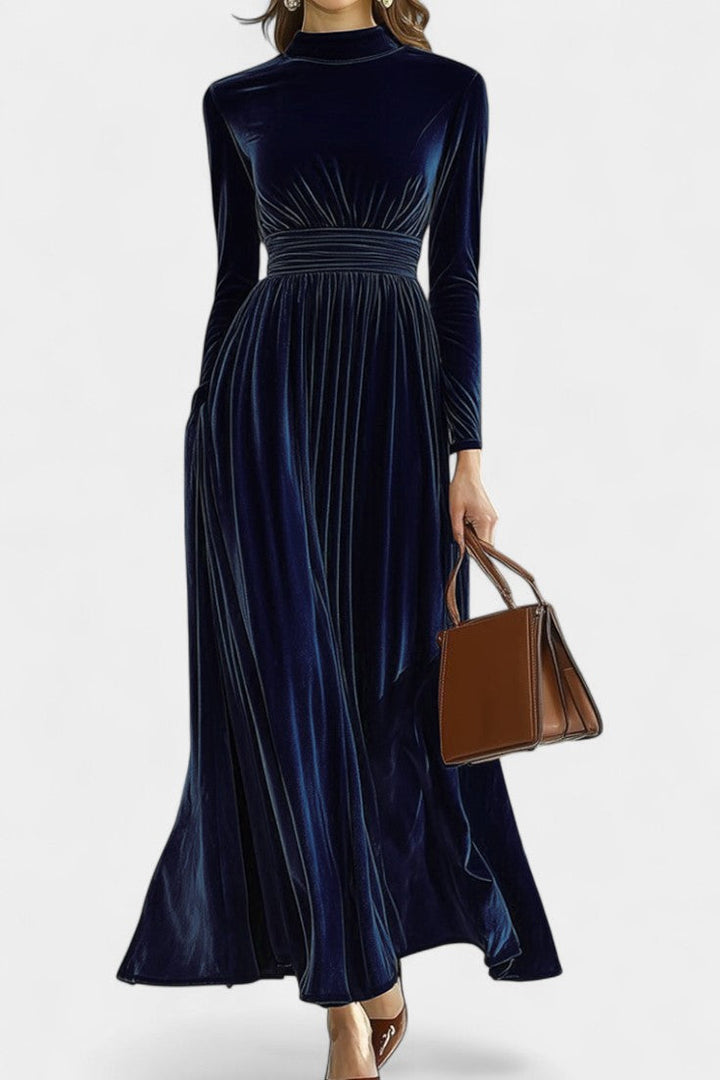 Doryane High-Collar Velvet Maxi Dress with Long Sleeves