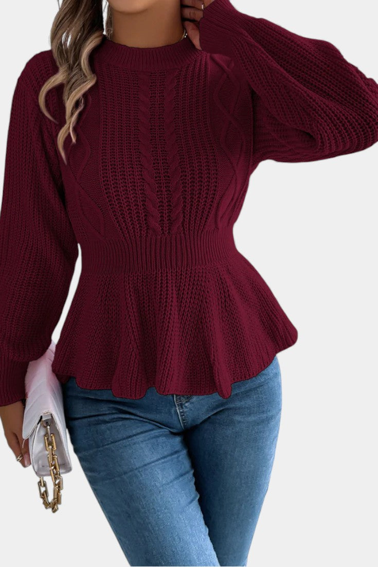Alix Round Neck Peplum Sweater with Twisted Knit Design