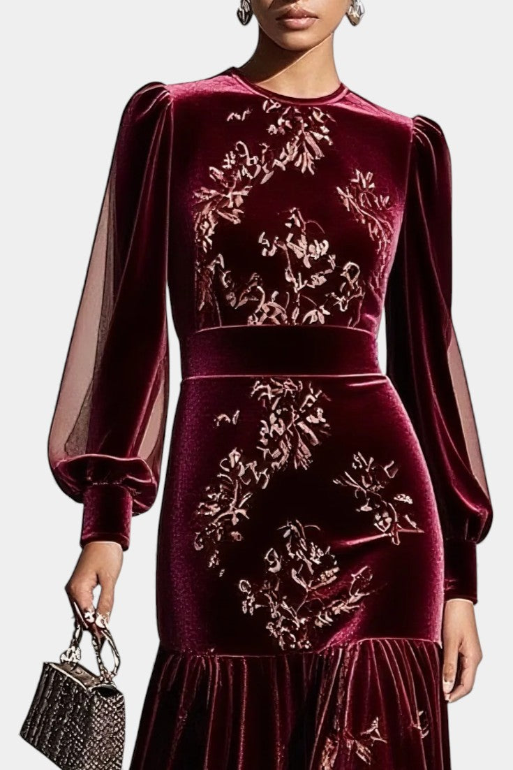 Mavluda Puff Sleeve Midi Mermaid Dress with Round Neck