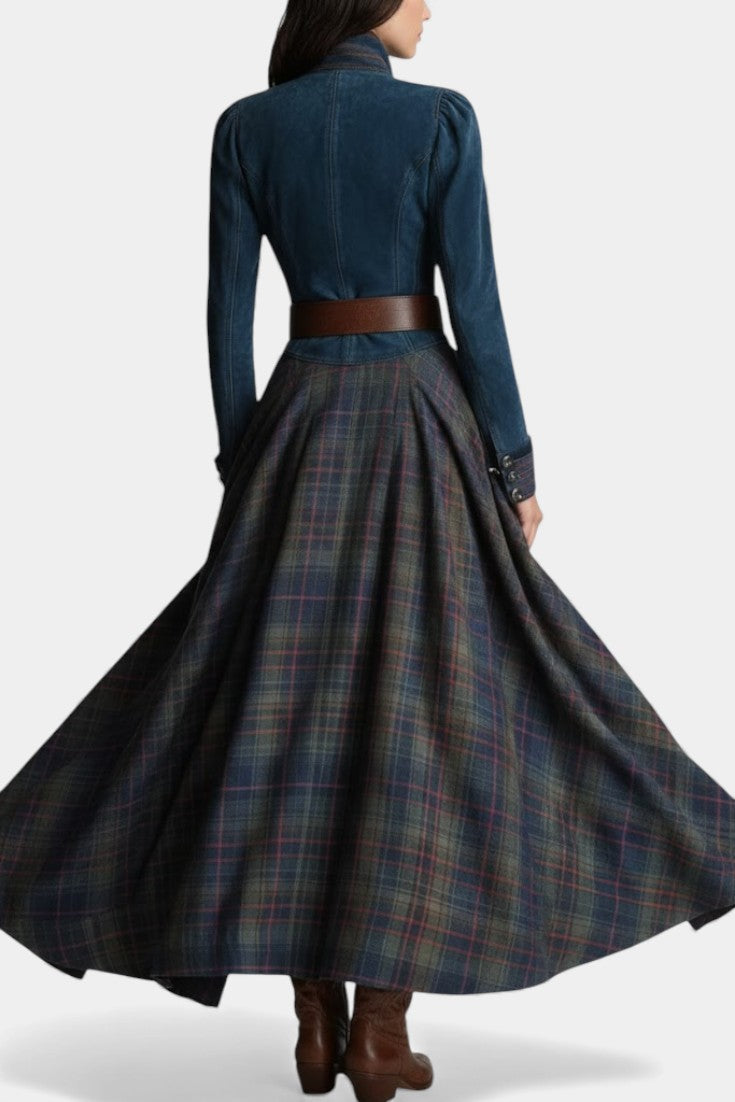 Retro Ethnic Style Liza Maxi Dress in Checkered Suede