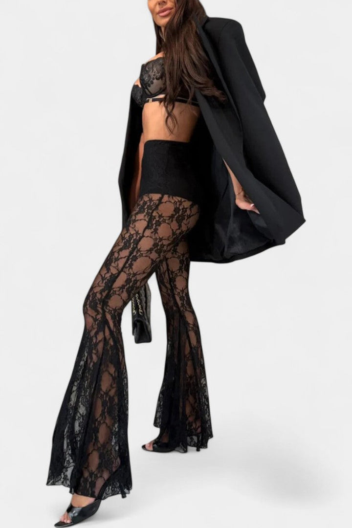 Demelza Set: Belted Blazer with Floral Lace Mermaid Trousers