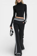 Sully Retro Sport Chic Black Knit Set with High Collar and Flared Pants