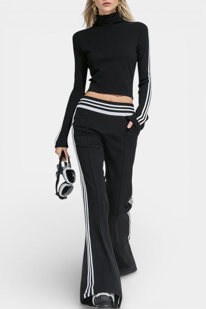 Sully Retro Sport Chic Black Knit Set with High Collar and Flared Pants