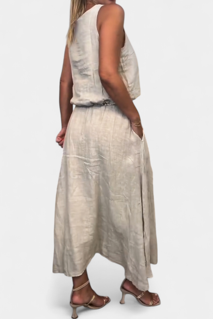Meliora Linen-Cotton Set with Sleeveless Vest and Maxi Skirt