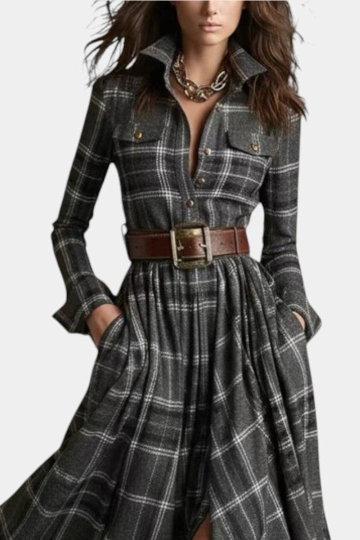 Eustelle Gray Checkered Maxi Dress Featuring a Stylish Collar