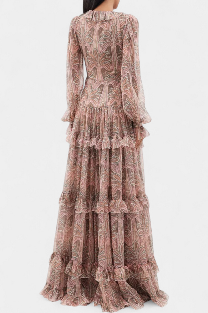 Ayla V-Neck Long Flounced Dress in Bohemian Paisley Print