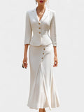 Natalina Chic Ecru Tailored Suit with Flowing Long Wrap Skirt