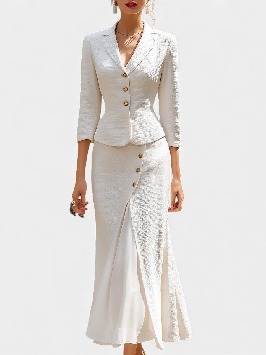 Natalina Chic Ecru Tailored Suit with Flowing Long Wrap Skirt
