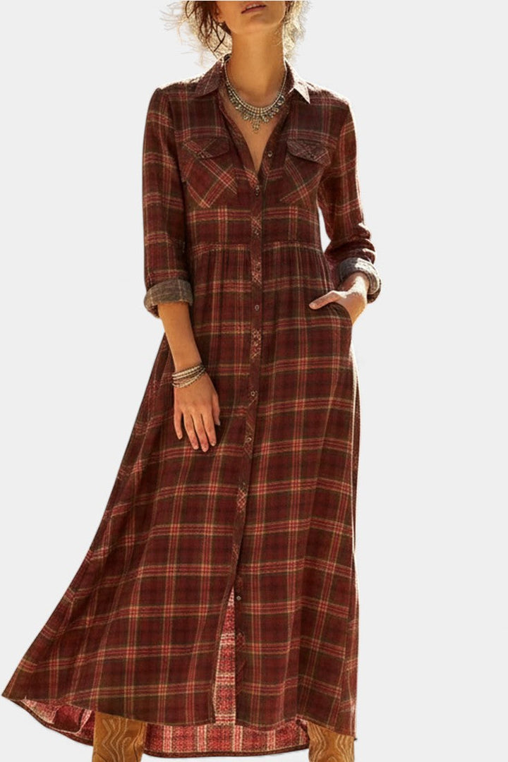 Amanita Green Check Maxi Dress with Structured Lapel