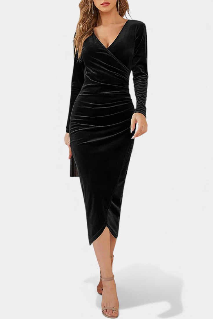 Gathered Velvet Midi Cocktail Dress by Kenza