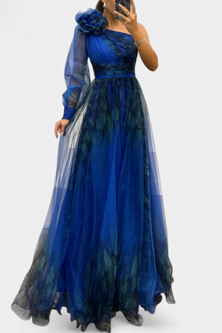 Becca Asymmetrical Chiffon Dress with Elegant Floral Detail