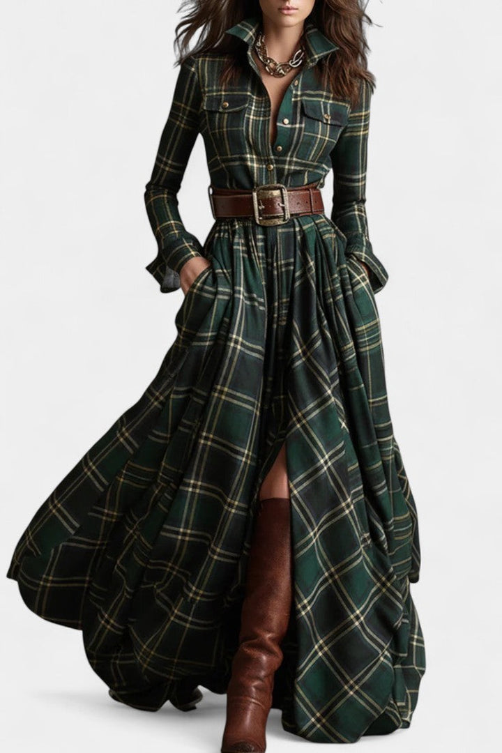 Eustelle Green Plaid Maxi Dress with Collar