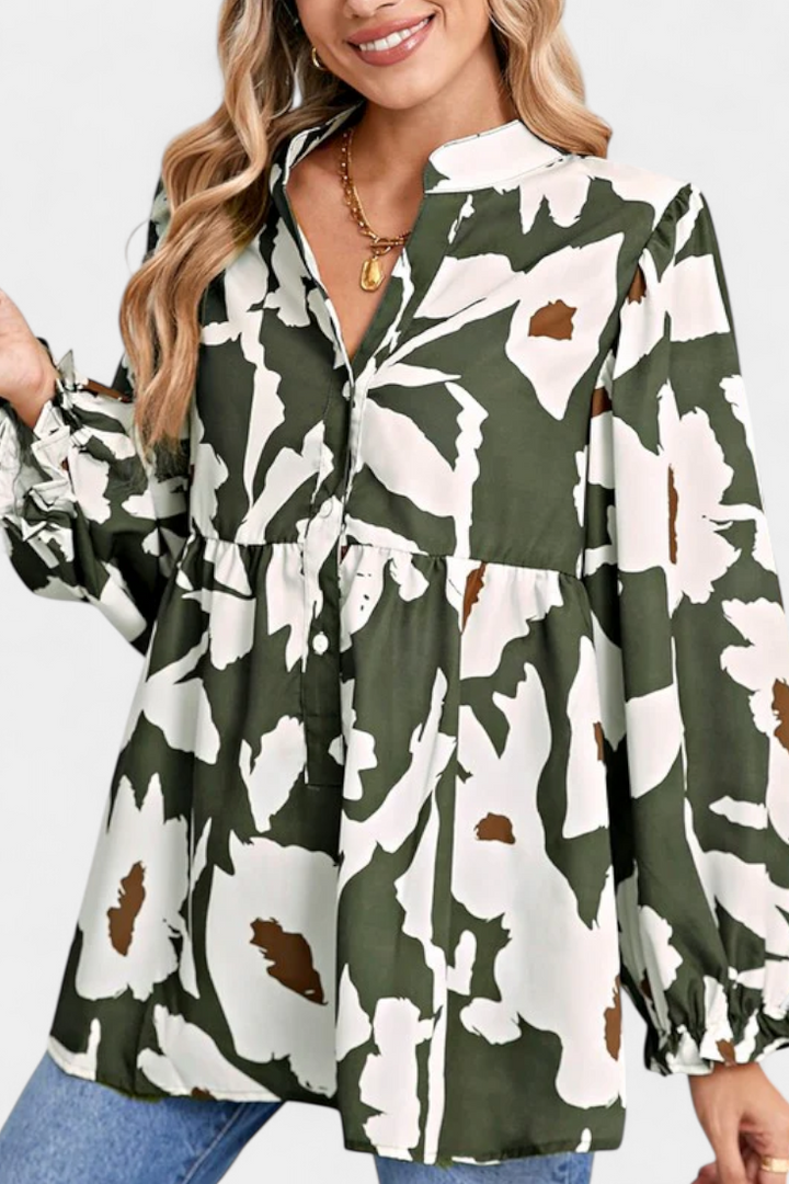 Filomena Relaxed Blouse with Puff Sleeves and Abstract Floral Design