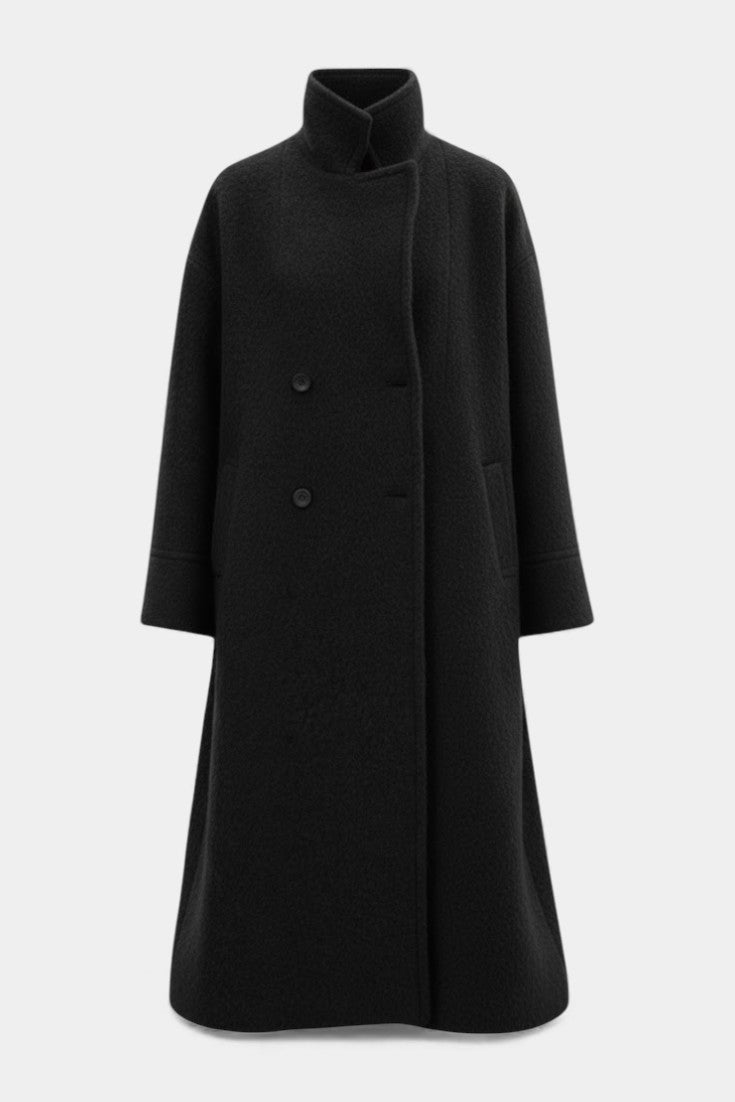 Camile Oversized Long Double-Breasted Coat with Notched Collar