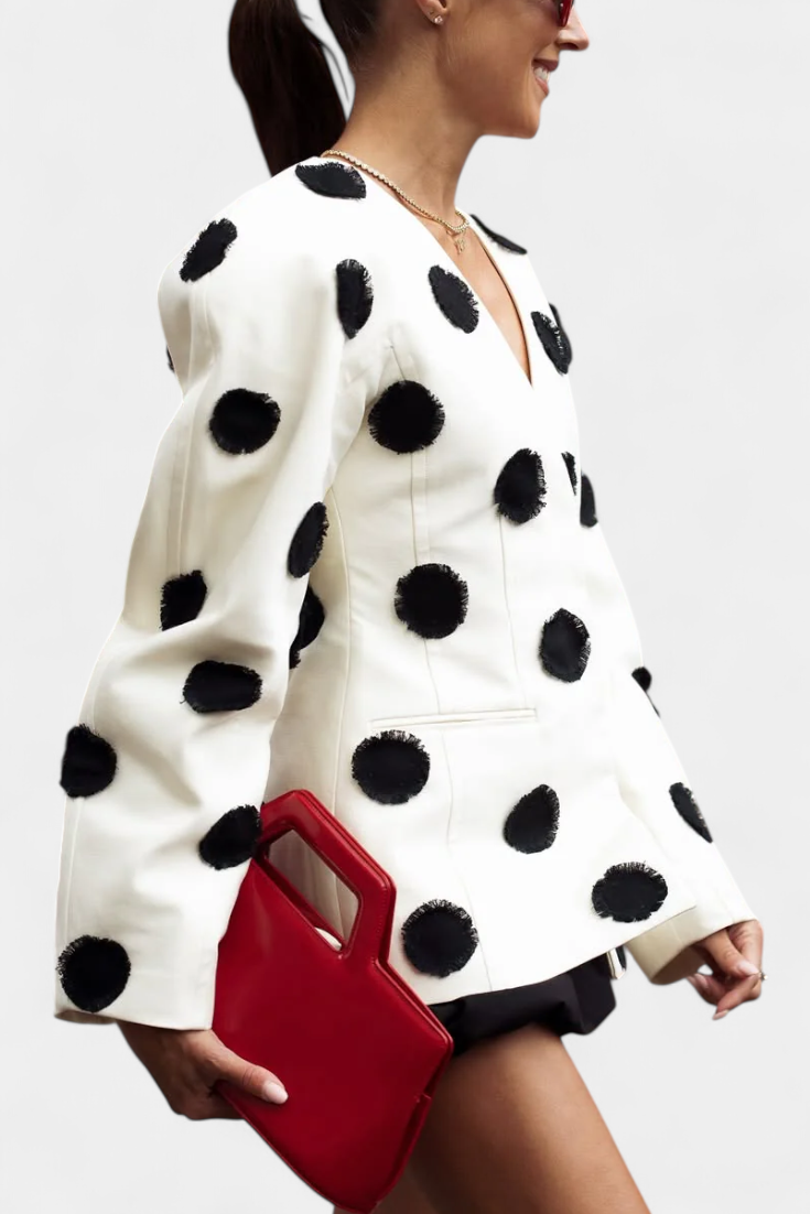 Clara Tailored White Blazer with Puff Dot Texture
