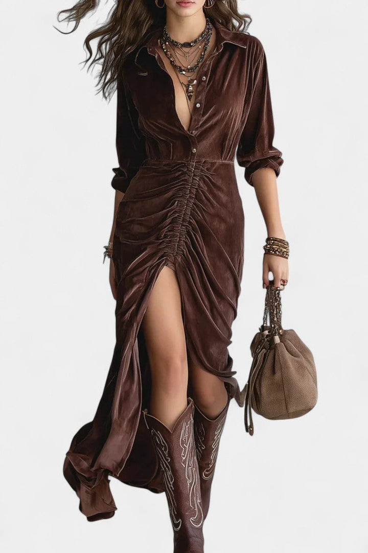 Pleated Velvet Quitterie Midi Dress Featuring Vintage Buttons