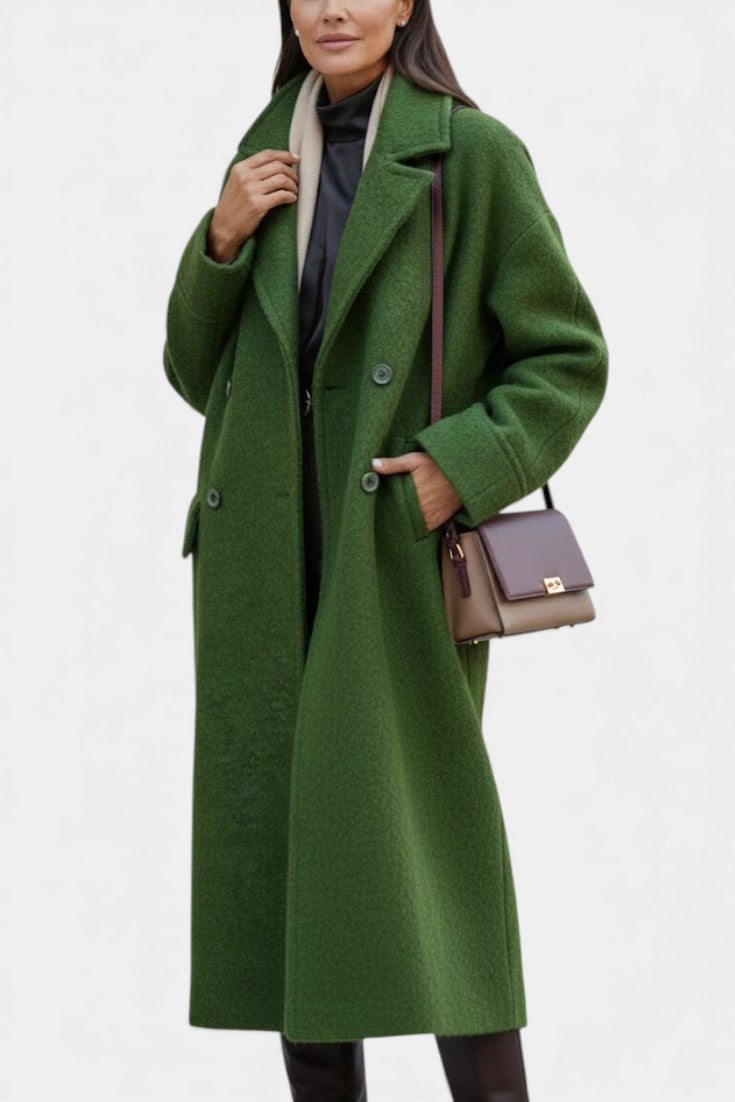 Camile Oversized Long Double-Breasted Coat with Notched Collar